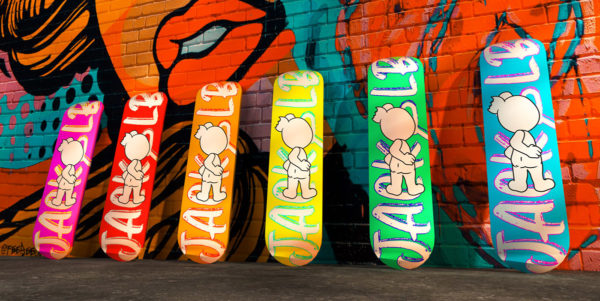 jackelb jack&lb skateboards made in france art toy against a street art graffiti wall