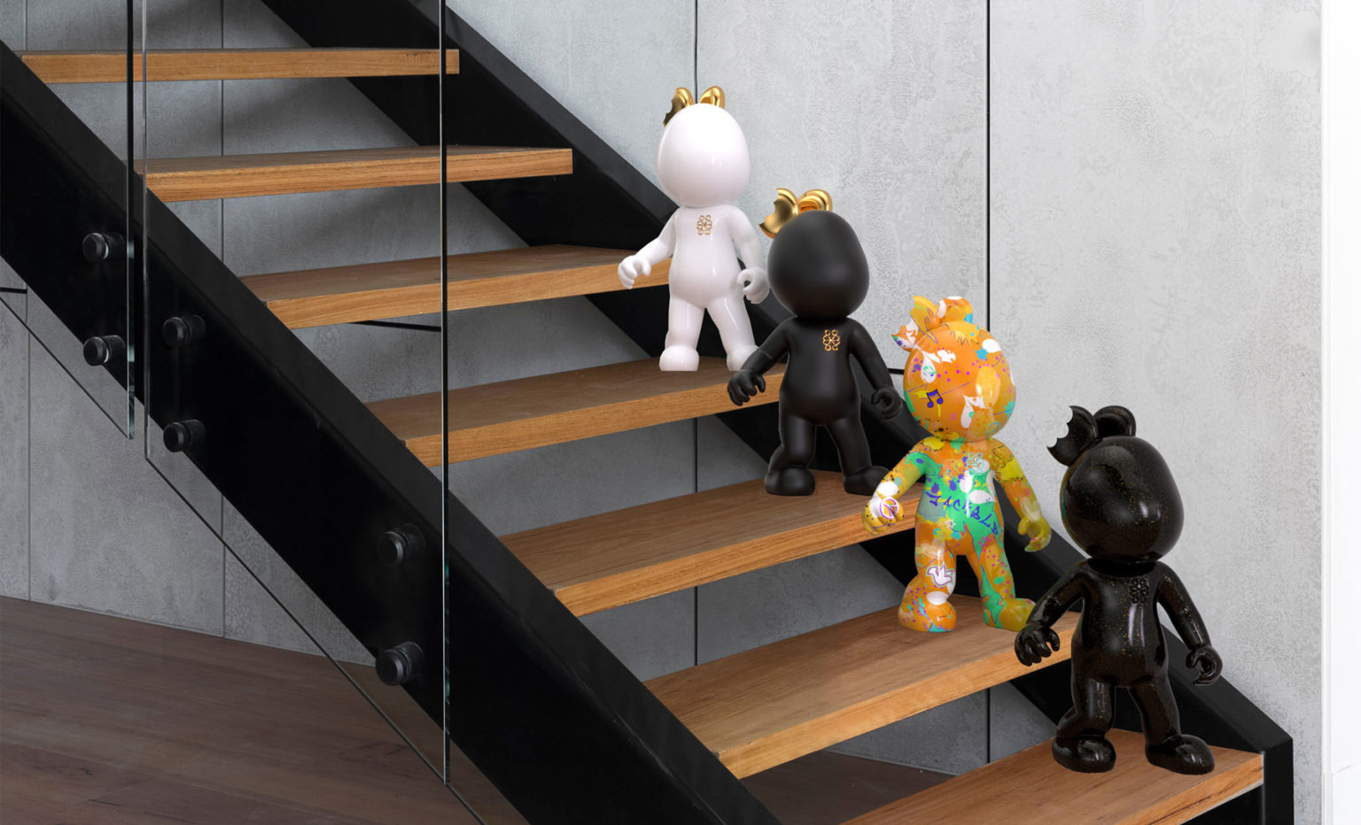 Four Jack&LB designer art toys on a staircase