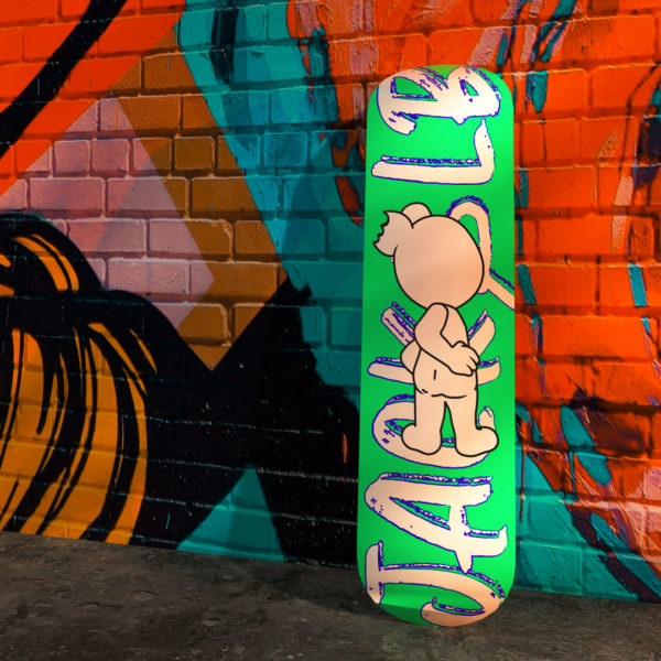 jack&lb green skateboard against a street art wall