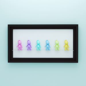 Black frame with 6 pastel tiny jack&lb art toys